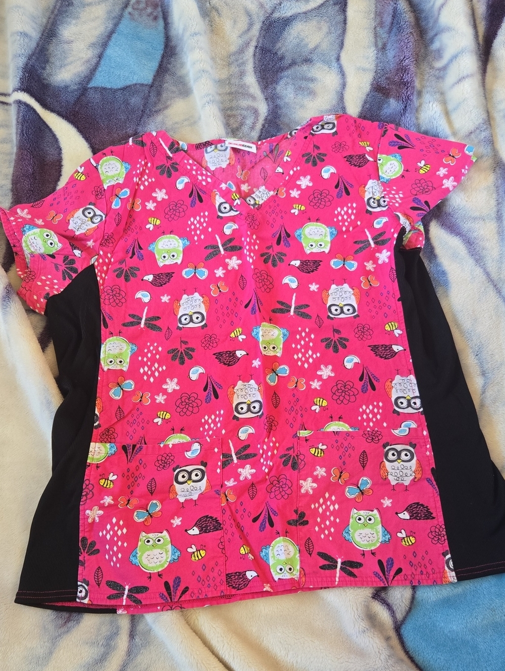 Womans Pink Owl Print Scrub Top with Side Panels